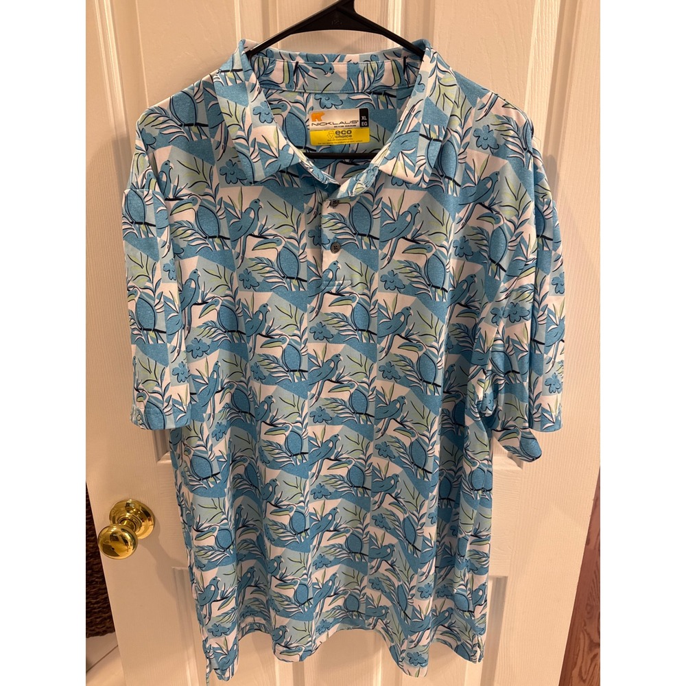 Nicklaus Mens XL Eco Choice Toucan Floral Golf Polo Shirt Blue Short Sleeve